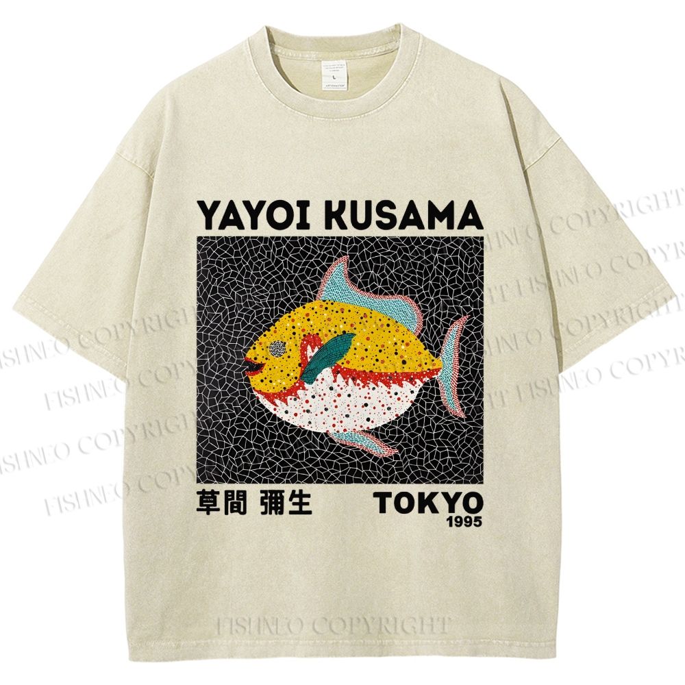 Unisex Yayoi Kusama Big Yellow Fish Printed Washed Tee