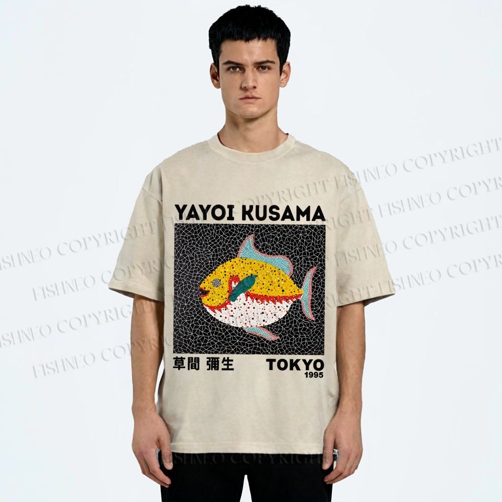Unisex Yayoi Kusama Big Yellow Fish Printed Washed Tee