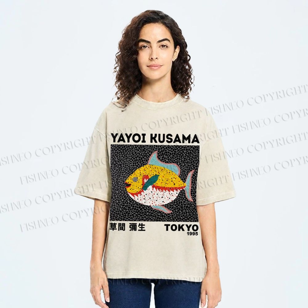 Unisex Yayoi Kusama Big Yellow Fish Printed Washed Tee
