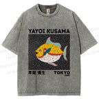 Unisex Yayoi Kusama Big Yellow Fish Printed Washed Tee