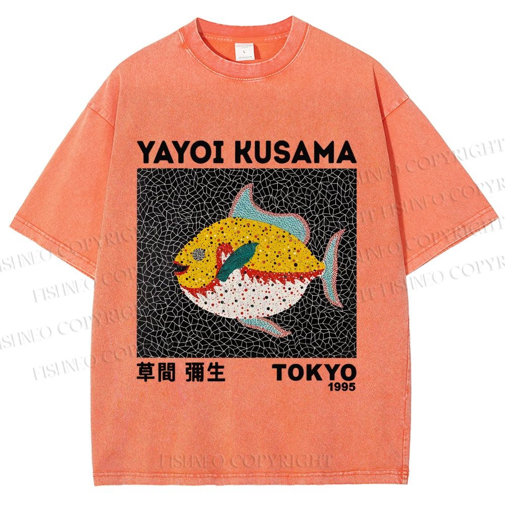 Unisex Yayoi Kusama Big Yellow Fish Printed Washed Tee