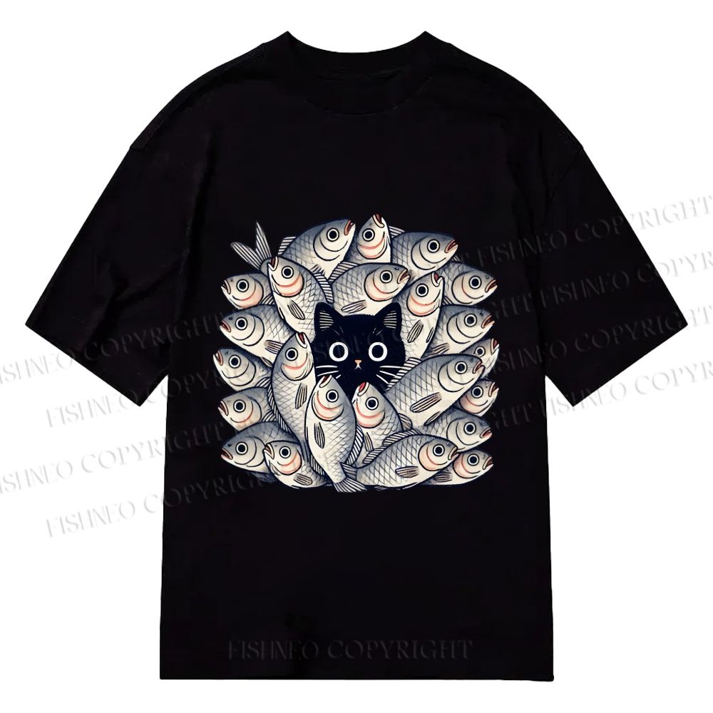 Unisex Classic Cotton Black Cat in Fish Printed T-shirt