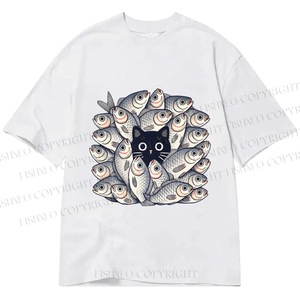 Unisex Classic Cotton Black Cat in Fish Printed T-shirt