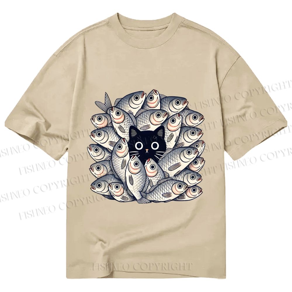 Unisex Classic Cotton Black Cat in Fish Printed T-shirt