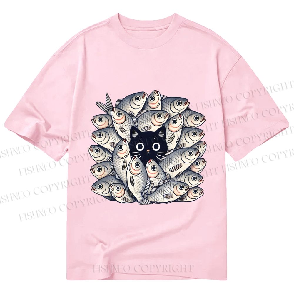 Unisex Classic Cotton Black Cat in Fish Printed T-shirt
