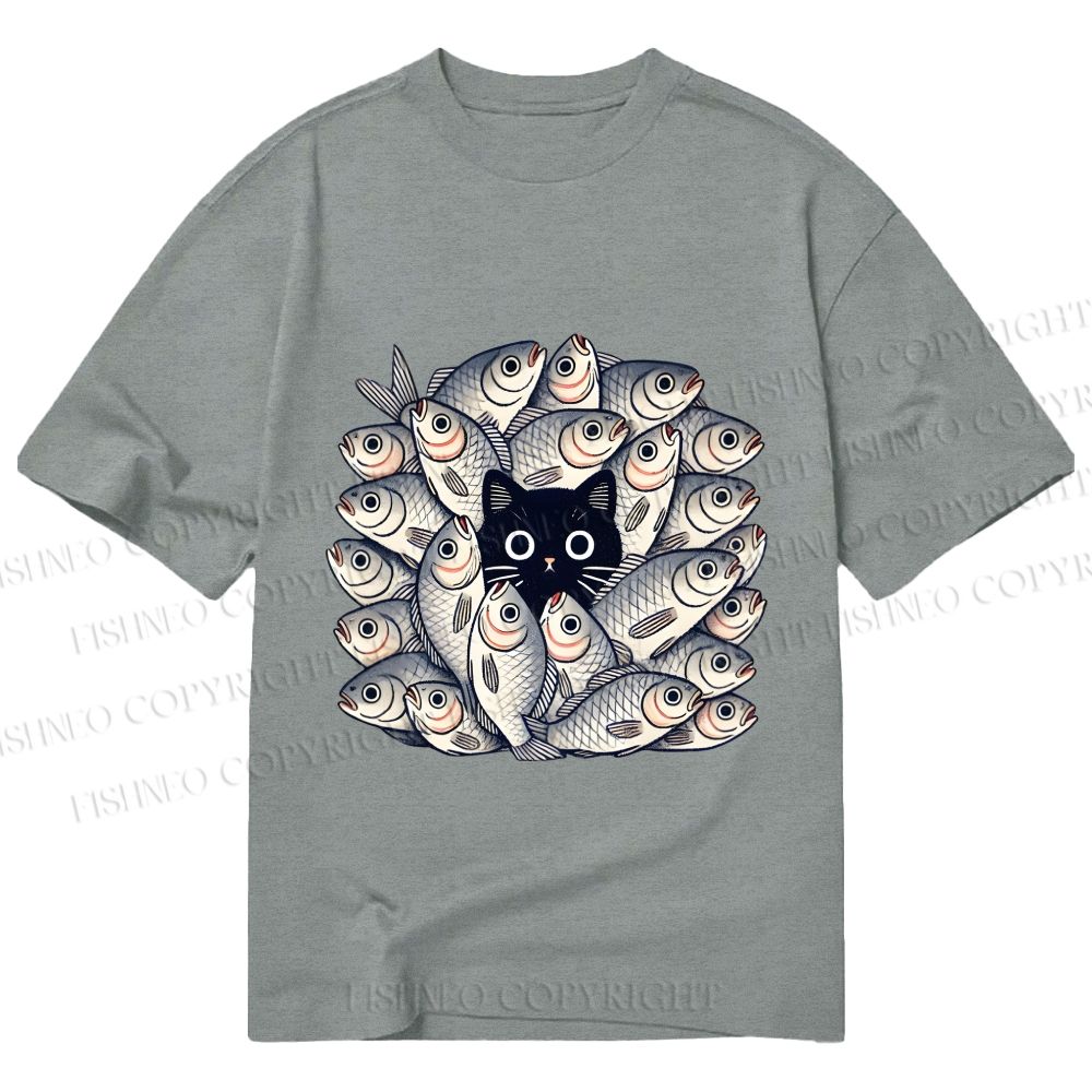 Unisex Classic Cotton Black Cat in Fish Printed T-shirt