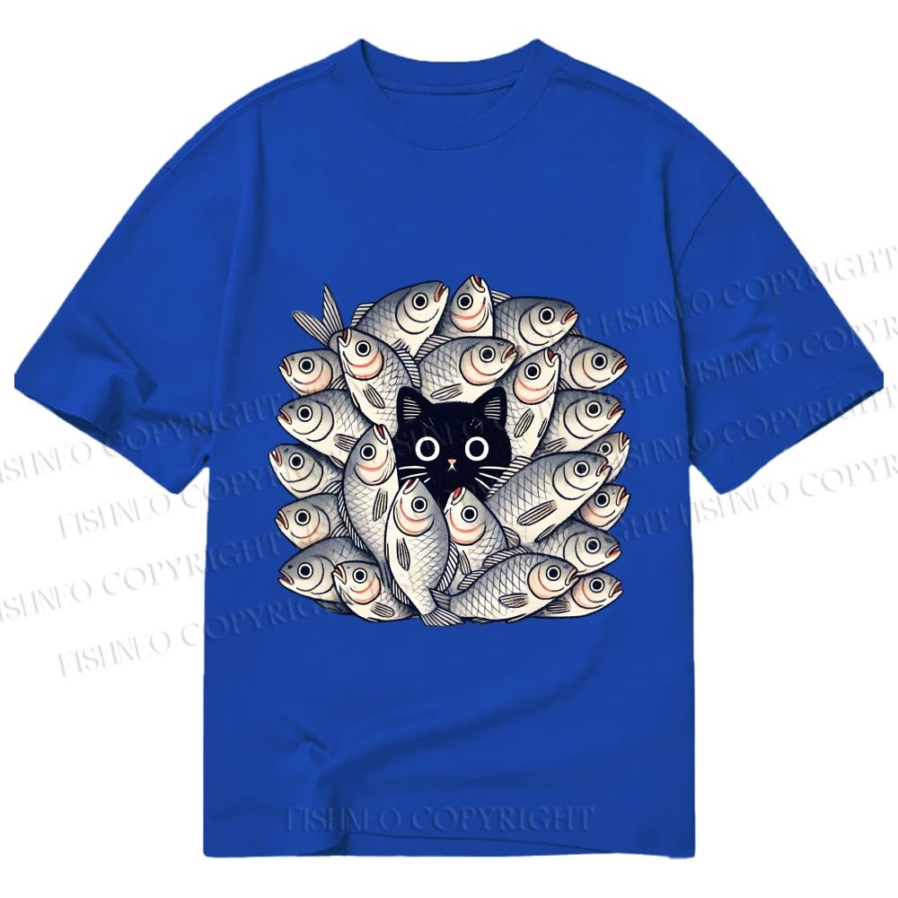 Unisex Classic Cotton Black Cat in Fish Printed T-shirt