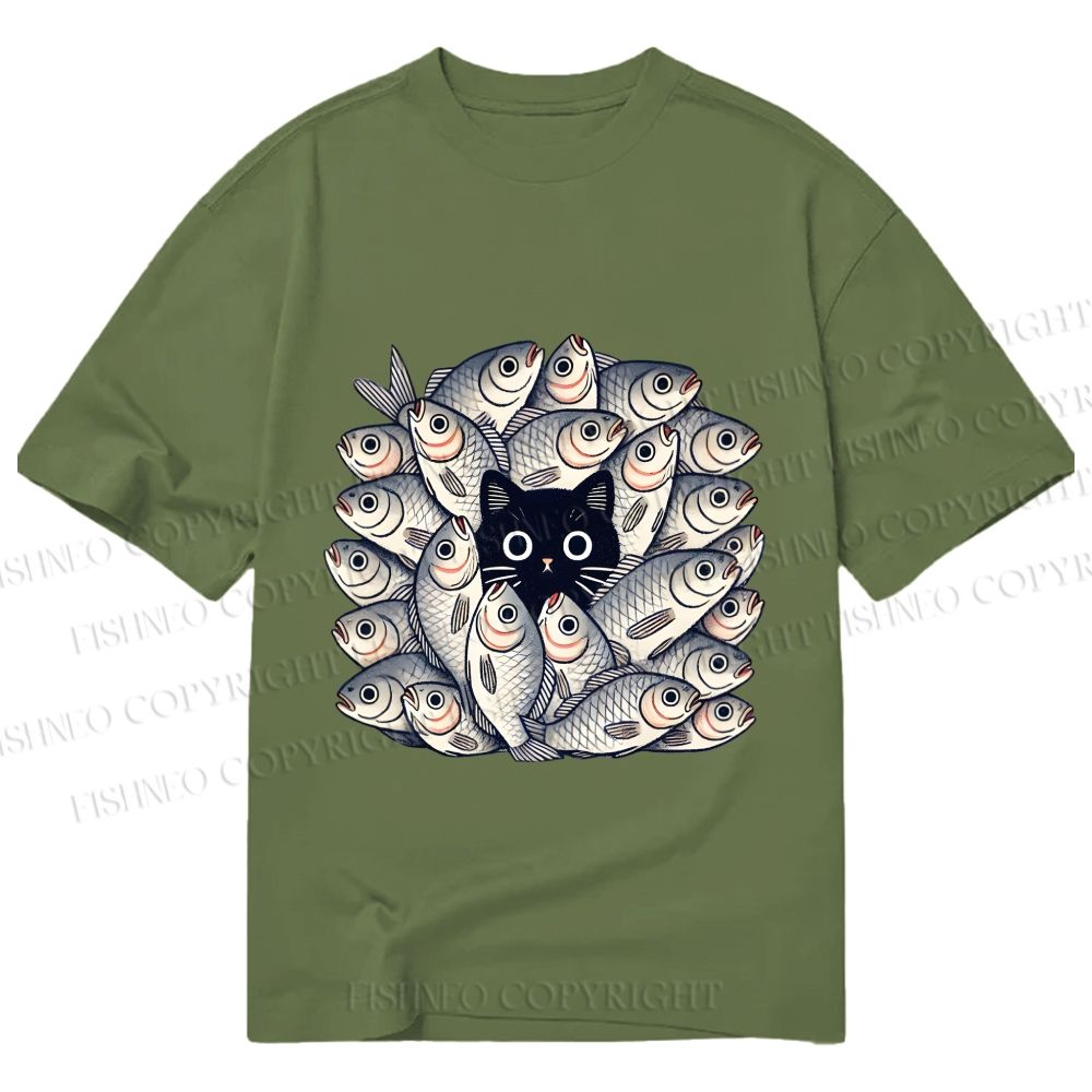 Unisex Classic Cotton Black Cat in Fish Printed T-shirt