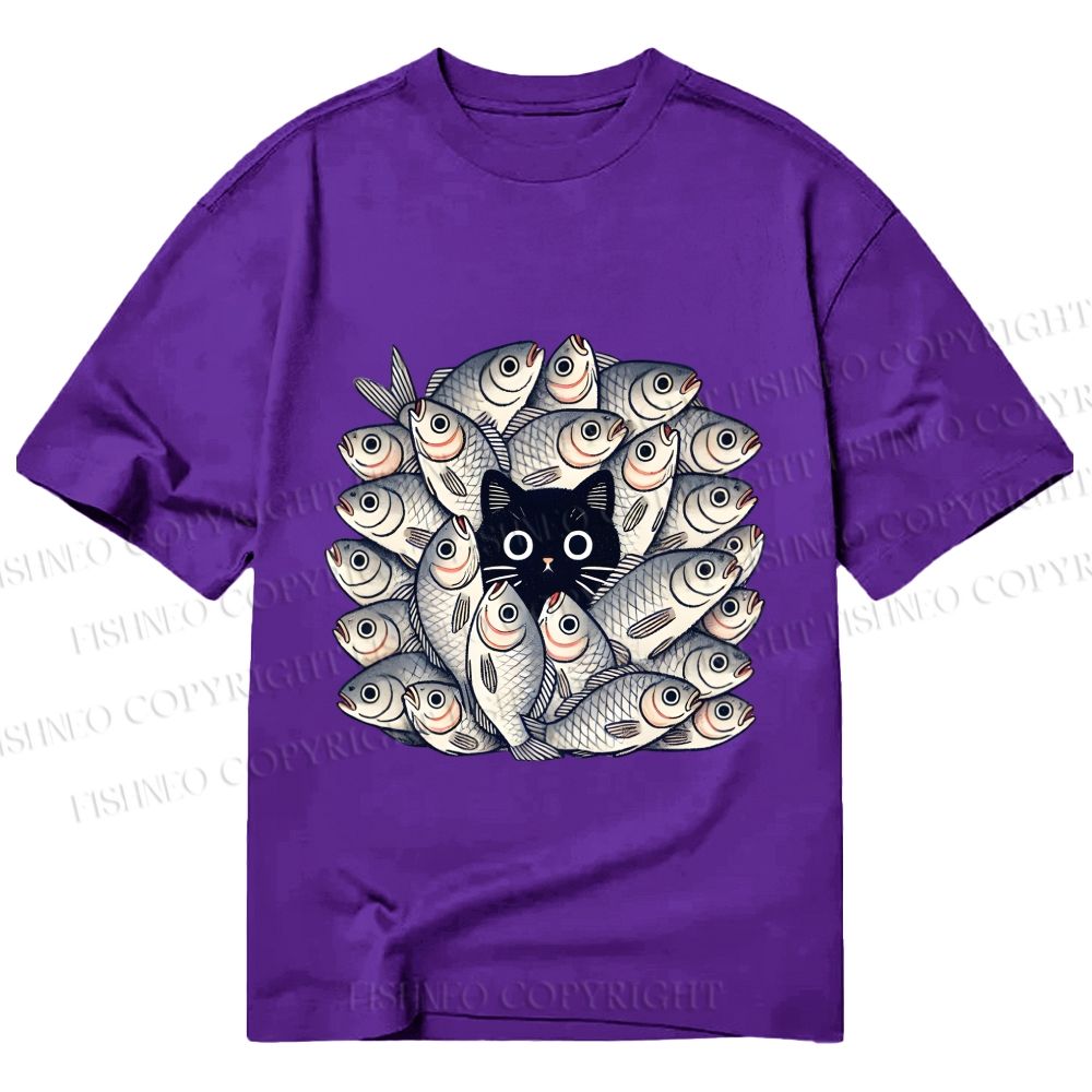 Unisex Classic Cotton Black Cat in Fish Printed T-shirt