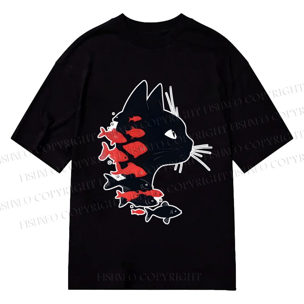 Unisex Classic Cotton Vintage Black Cat Koi Fish Printed T-shirt