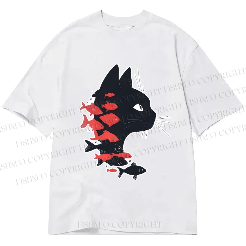 Unisex Classic Cotton Vintage Black Cat Koi Fish Printed T-shirt