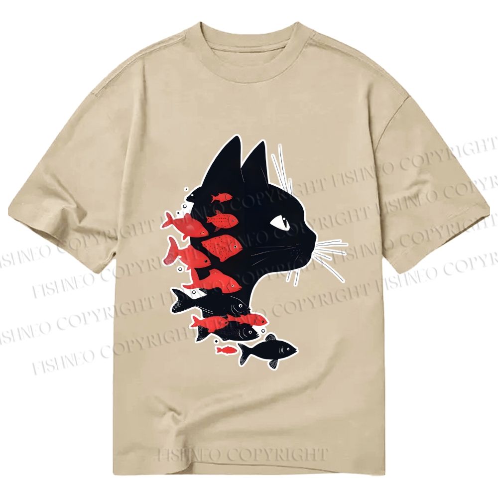 Unisex Classic Cotton Vintage Black Cat Koi Fish Printed T-shirt