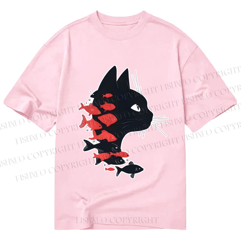 Unisex Classic Cotton Vintage Black Cat Koi Fish Printed T-shirt