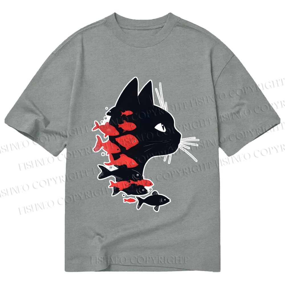 Unisex Classic Cotton Vintage Black Cat Koi Fish Printed T-shirt