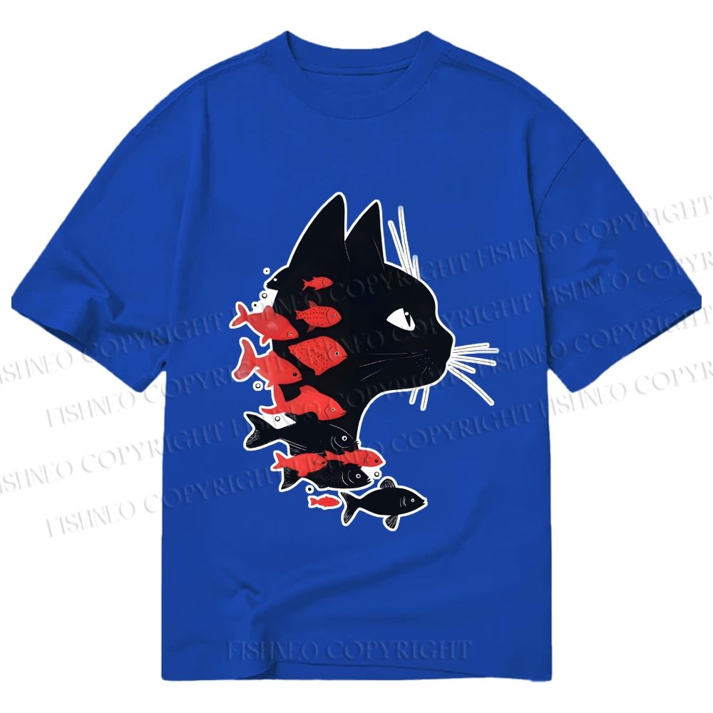 Unisex Classic Cotton Vintage Black Cat Koi Fish Printed T-shirt