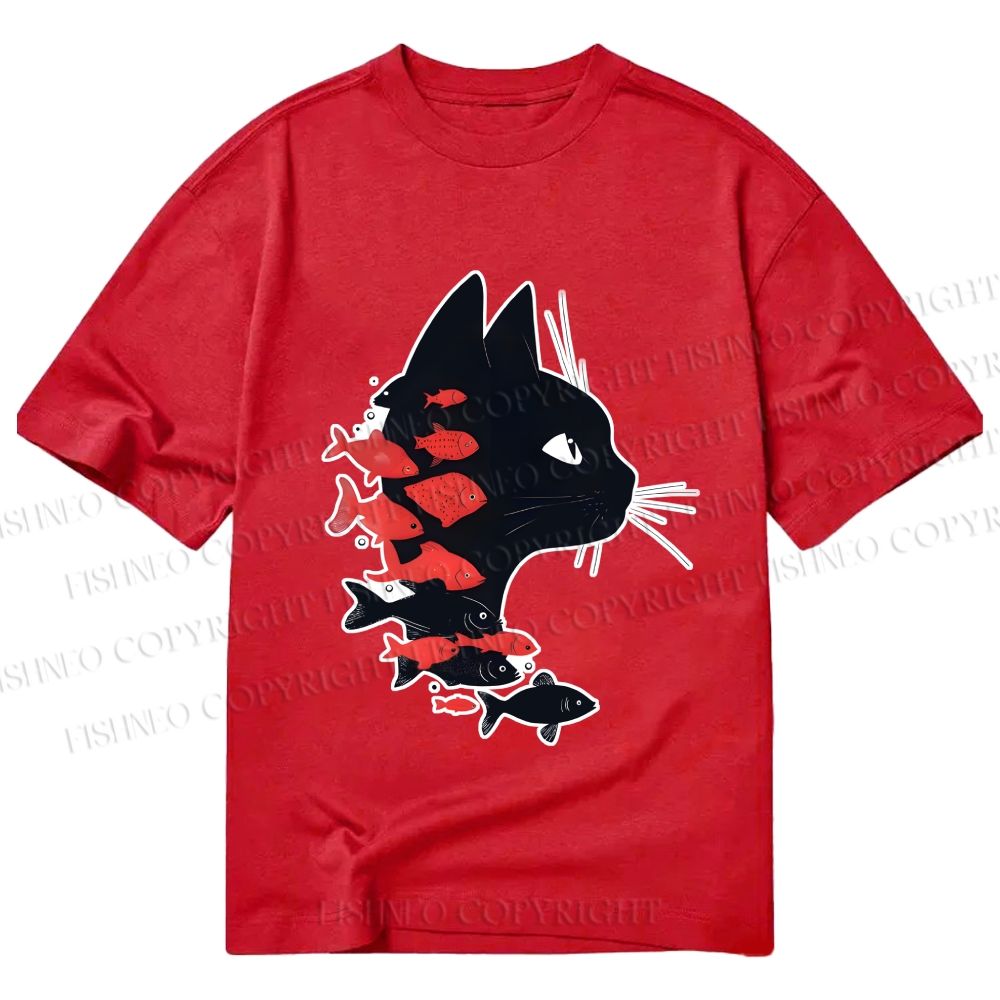 Unisex Classic Cotton Vintage Black Cat Koi Fish Printed T-shirt