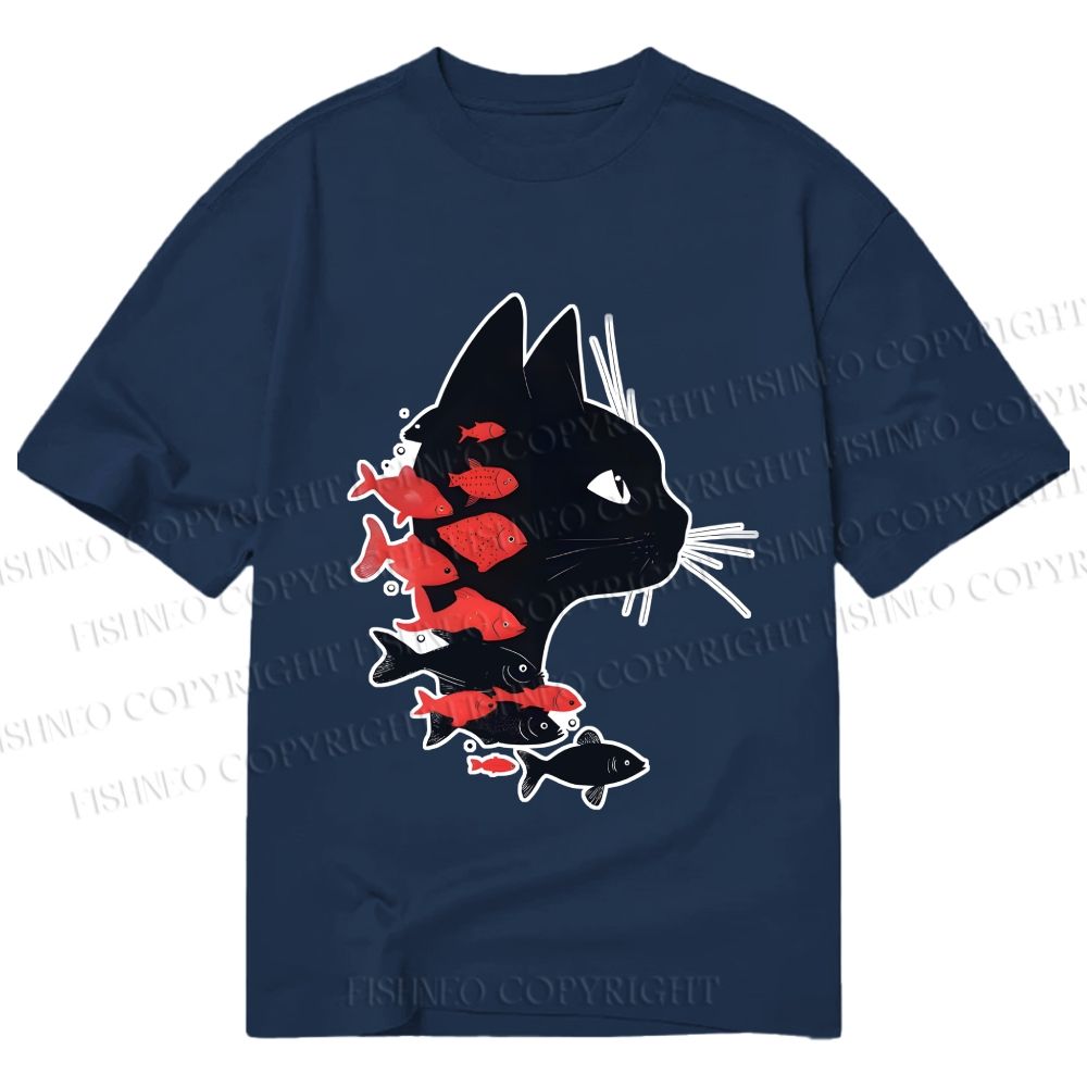 Unisex Classic Cotton Vintage Black Cat Koi Fish Printed T-shirt