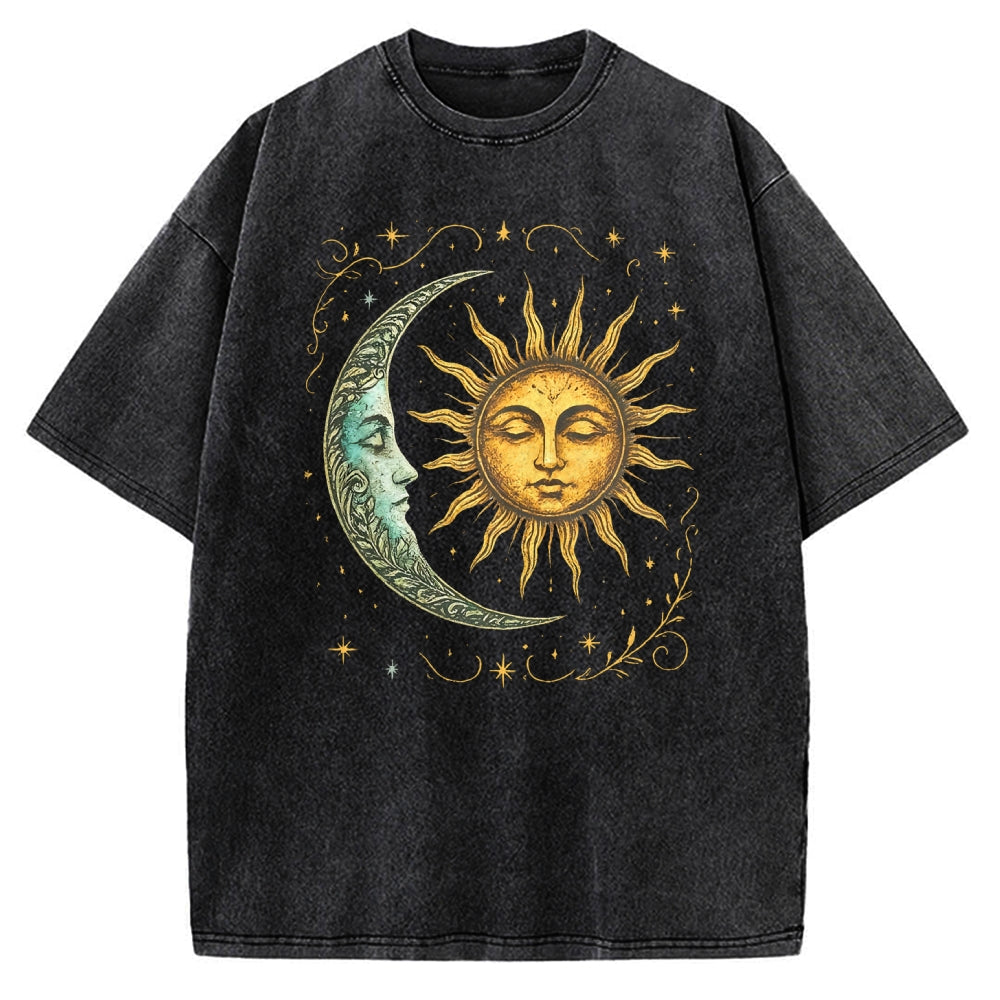 Unisex Boho Celestial Moon and Radiant Sun Spiritual Printed Washed Tee
