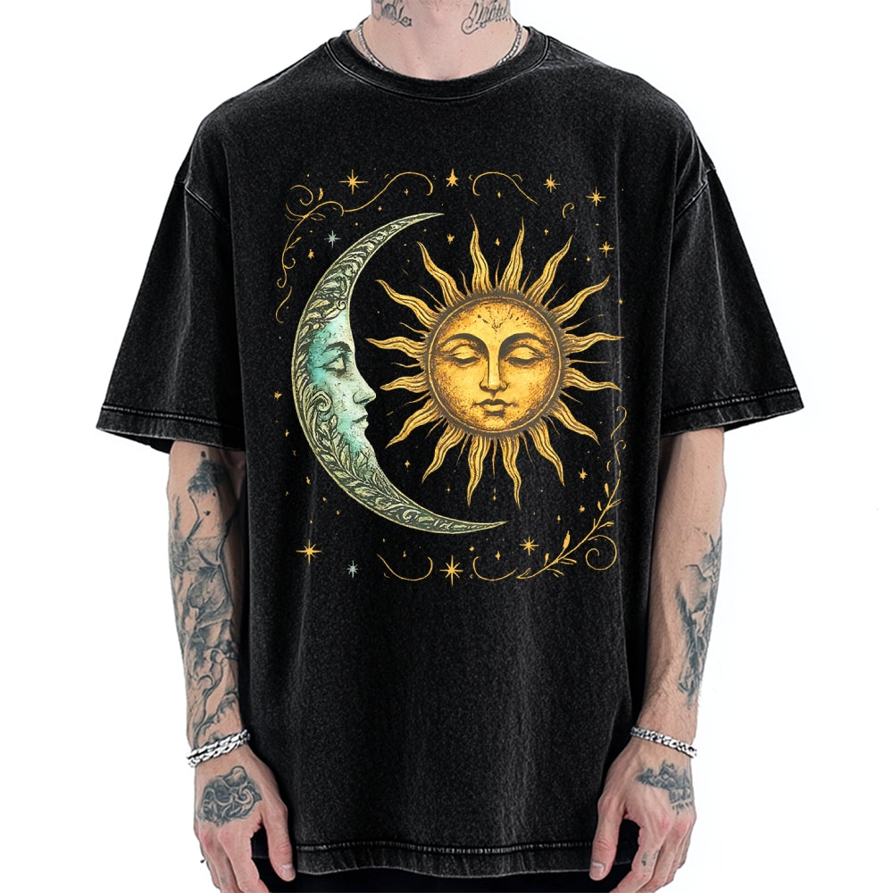 Unisex Boho Celestial Moon and Radiant Sun Spiritual Printed Washed Tee