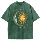 Unisex Boho Celestial Moon and Radiant Sun Spiritual Printed Washed Tee