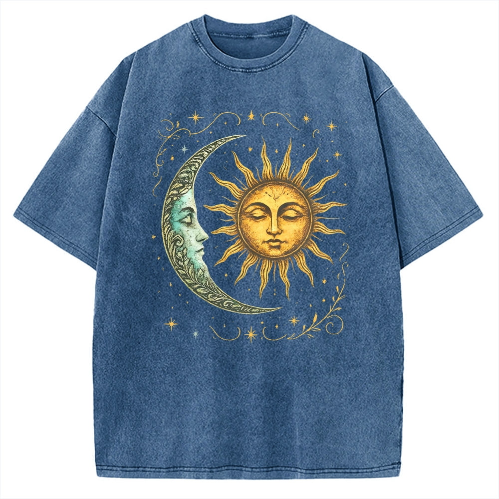 Unisex Boho Celestial Moon and Radiant Sun Spiritual Printed Washed Tee