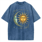 Unisex Boho Celestial Moon and Radiant Sun Spiritual Printed Washed Tee
