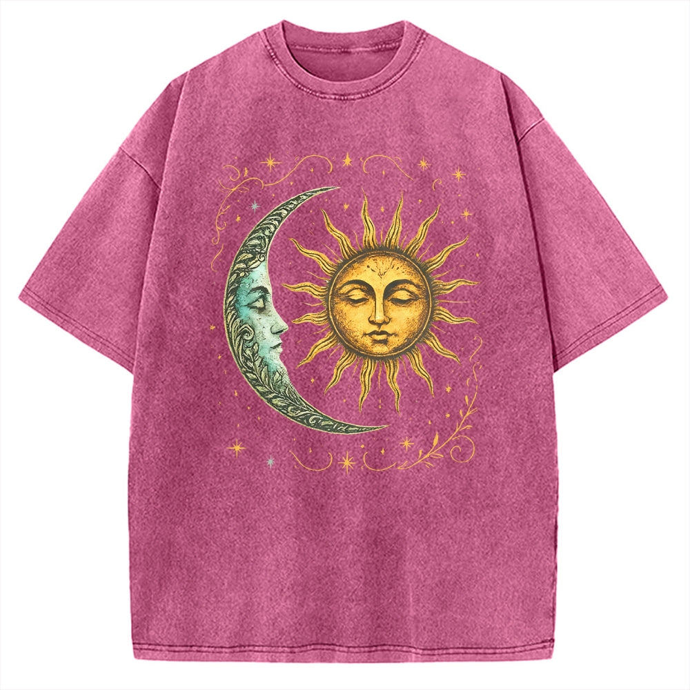 Unisex Boho Celestial Moon and Radiant Sun Spiritual Printed Washed Tee