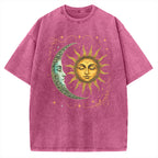Unisex Boho Celestial Moon and Radiant Sun Spiritual Printed Washed Tee