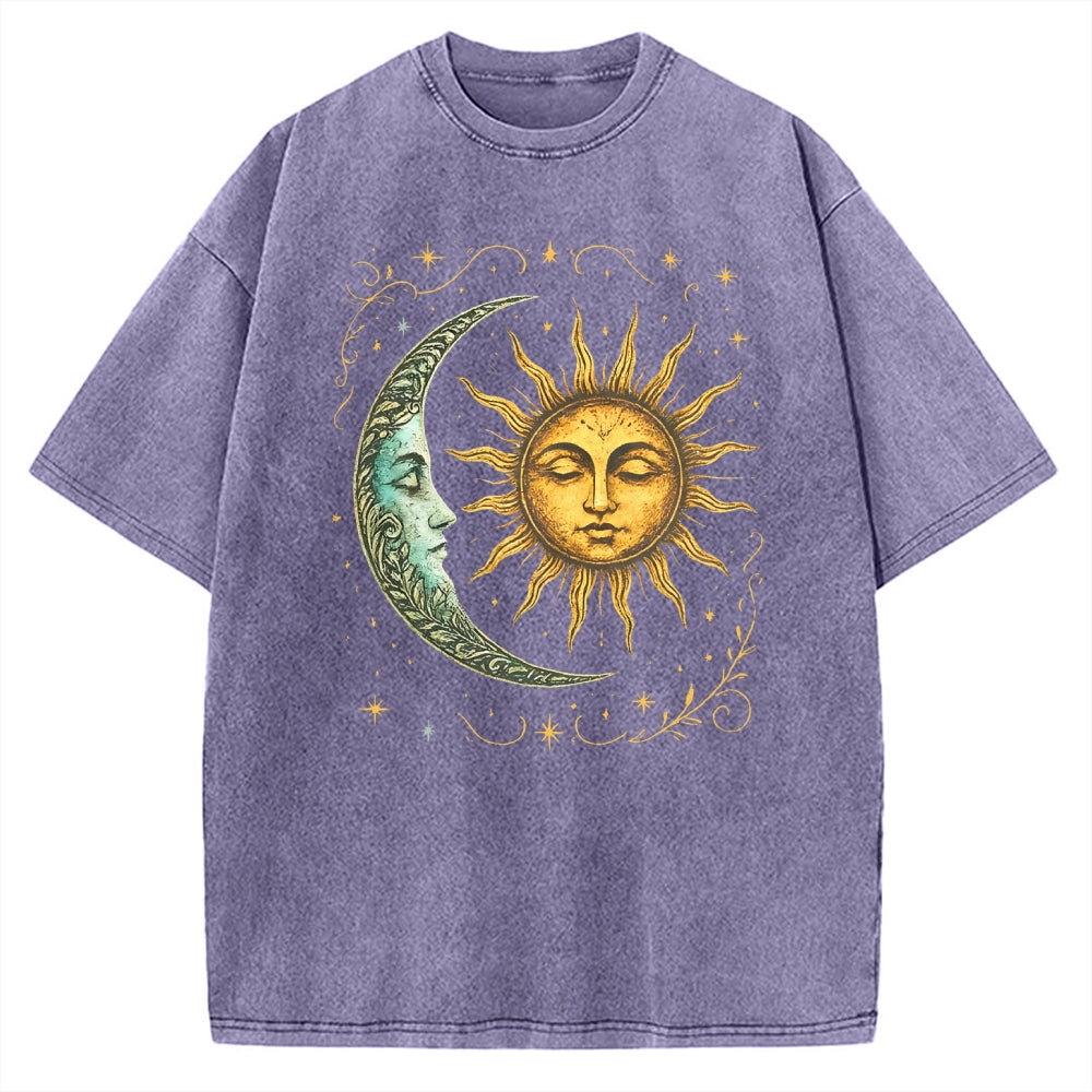 Unisex Boho Celestial Moon and Radiant Sun Spiritual Printed Washed Tee