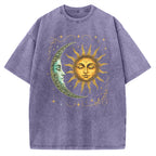 Unisex Boho Celestial Moon and Radiant Sun Spiritual Printed Washed Tee
