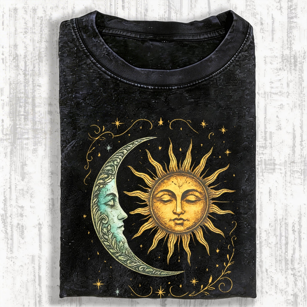 Unisex Boho Celestial Moon and Radiant Sun Spiritual Printed Washed Tee