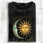 Unisex Boho Celestial Moon and Radiant Sun Spiritual Printed Washed Tee