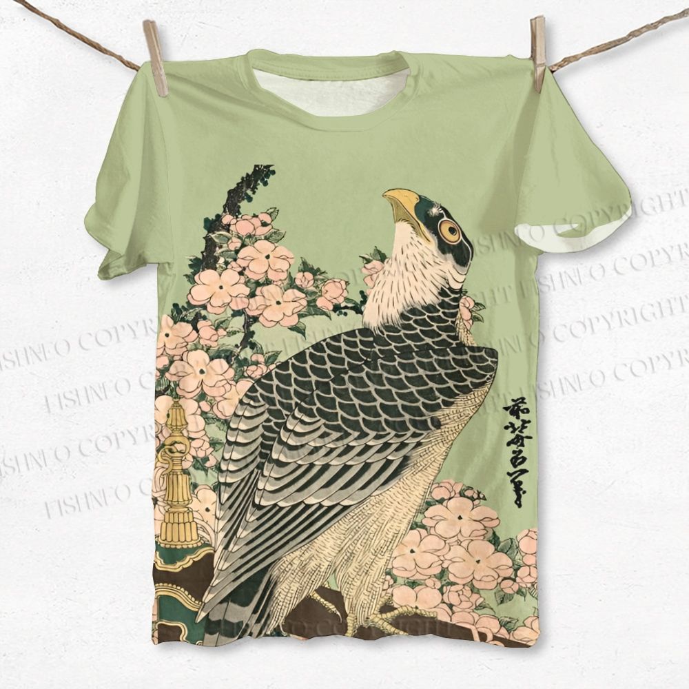 Unisex Japanese Ukiyo-e Bird in Flowers Printed Classic T-shirt