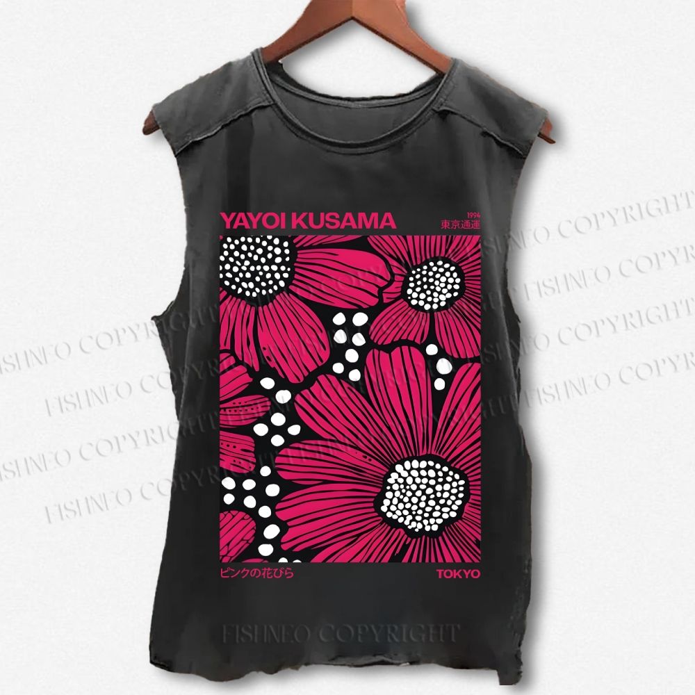 Unisex Yayoi Kusama Giant Pink Flowers Printed Washed Tank Top