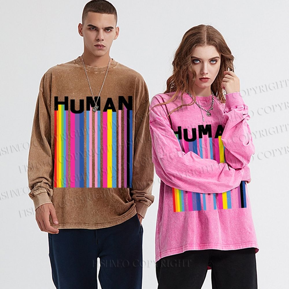 Unisex Casual Washed Pride Human Printed Long Sleeve T-shirt