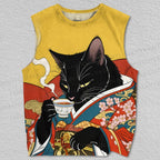 Unisex Kimono-clad Cat Printed Tank Top