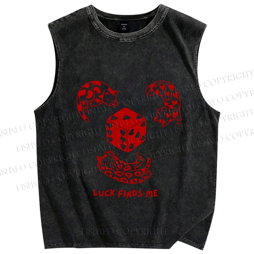 Unisex Luck Finds Me Cat Printed Washed Tank Top