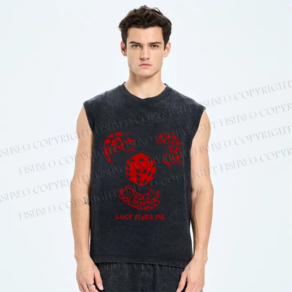 Unisex Luck Finds Me Cat Printed Washed Tank Top