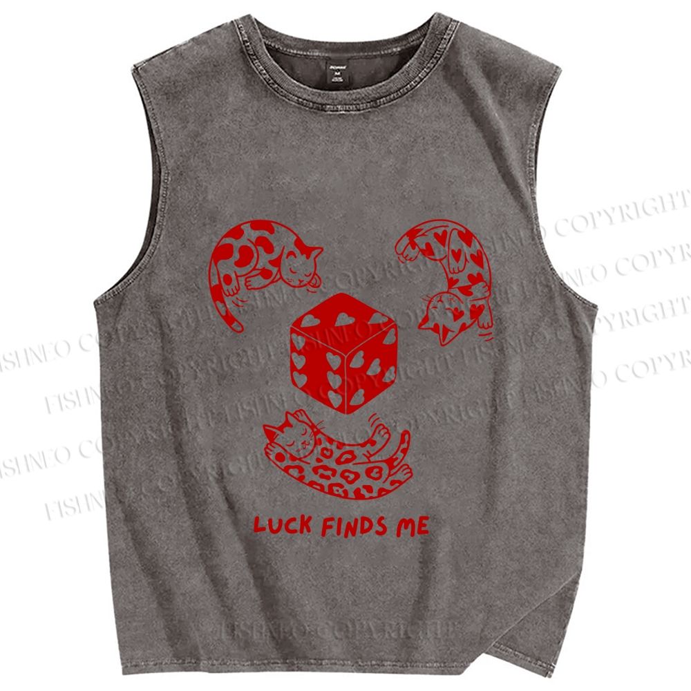 Unisex Luck Finds Me Cat Printed Washed Tank Top