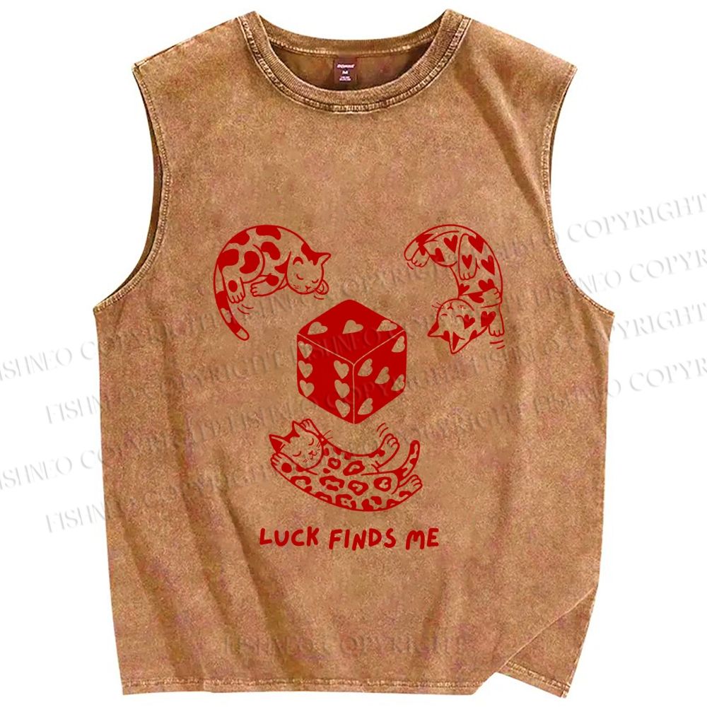 Unisex Luck Finds Me Cat Printed Washed Tank Top
