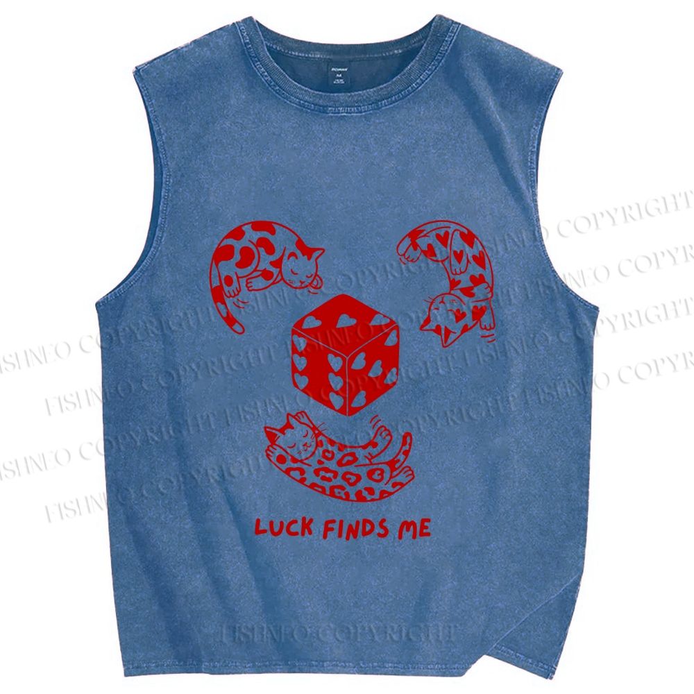 Unisex Luck Finds Me Cat Printed Washed Tank Top