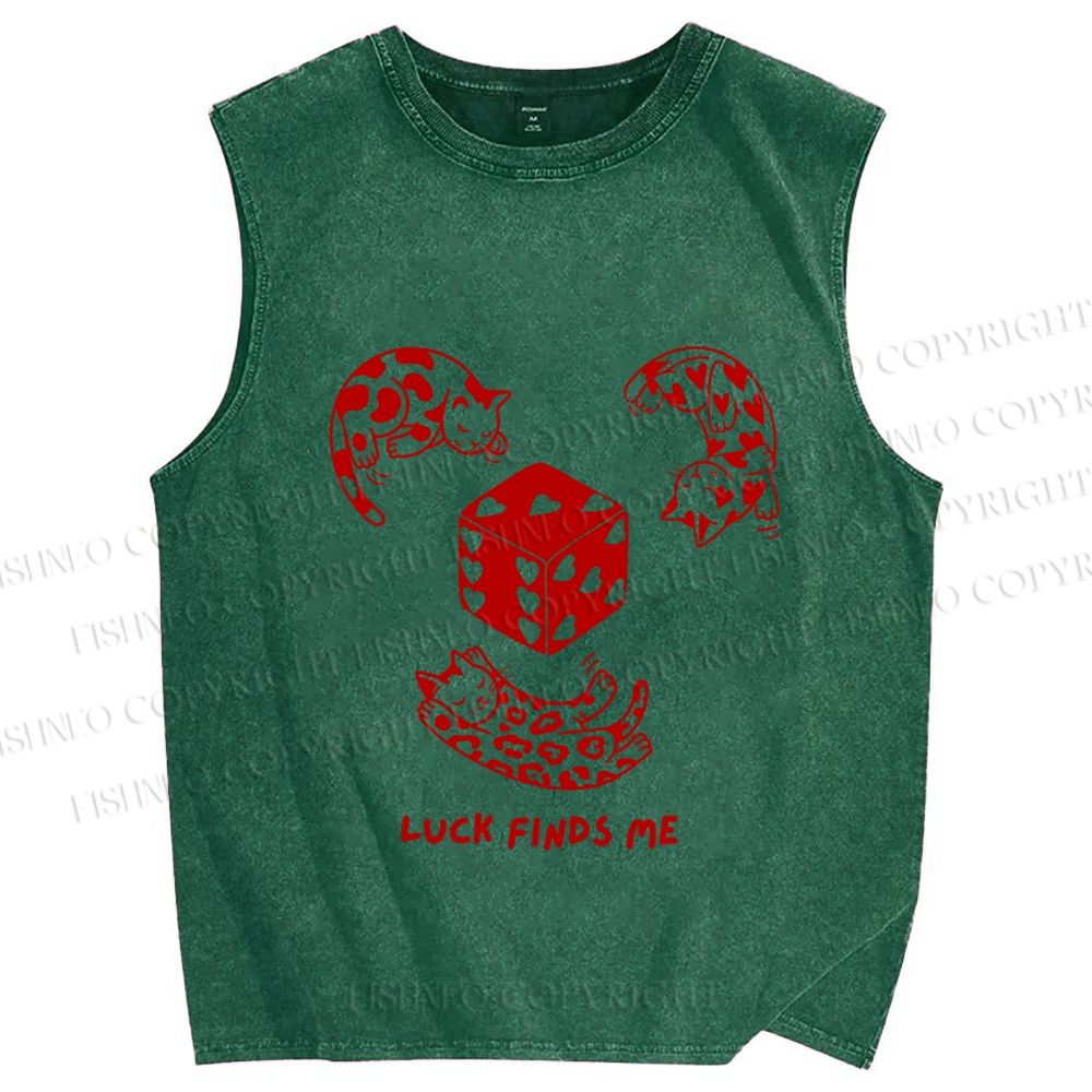 Unisex Luck Finds Me Cat Printed Washed Tank Top