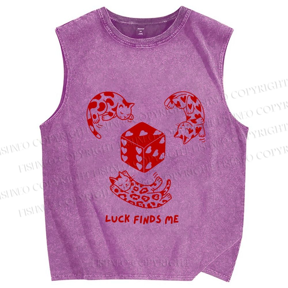 Unisex Luck Finds Me Cat Printed Washed Tank Top