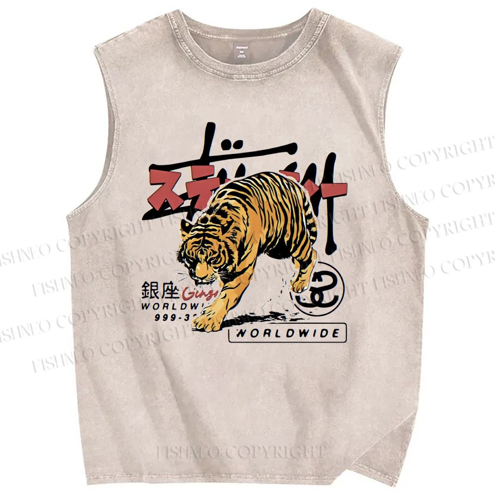 Unisex Tiger Printed Washed Tank Top
