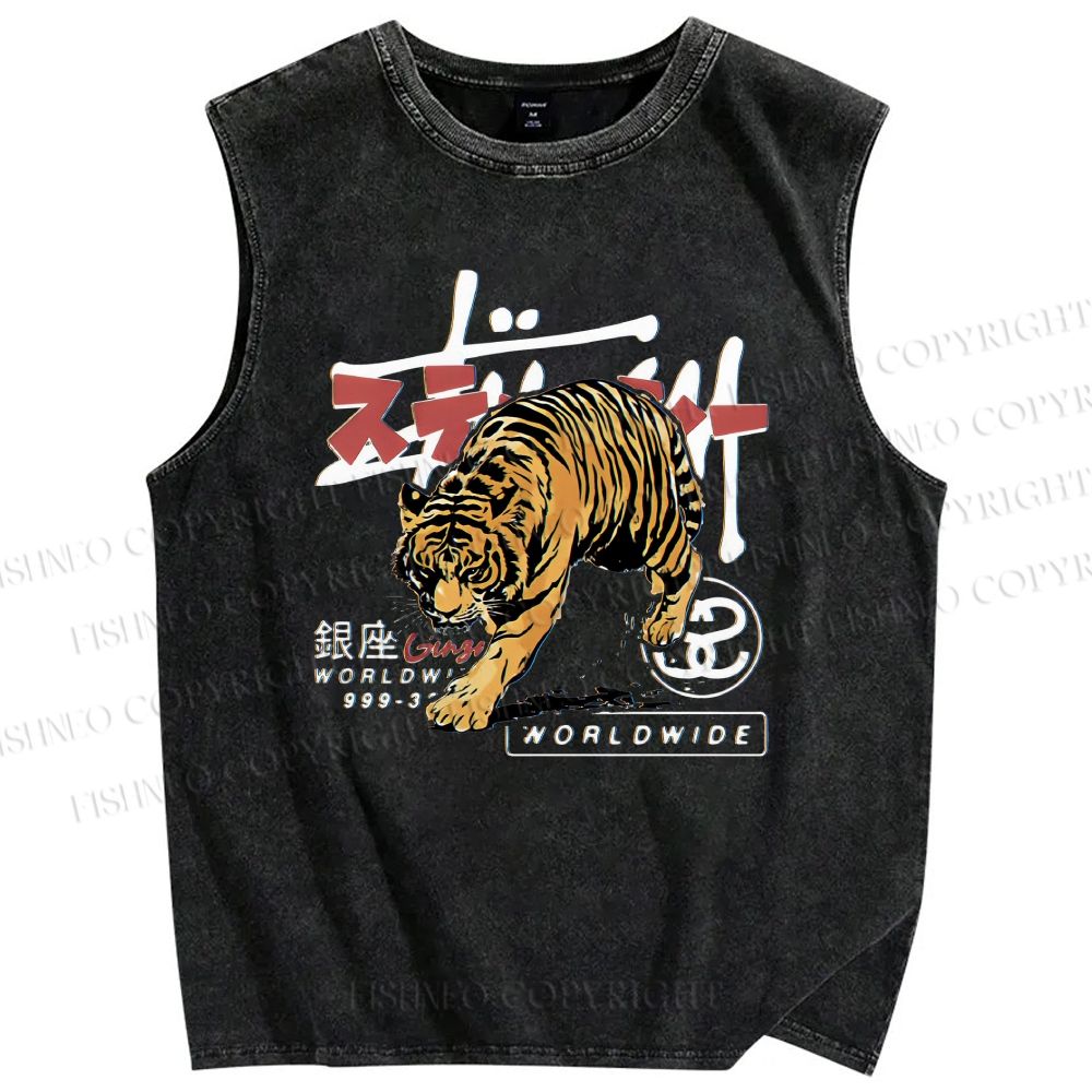Unisex Tiger Printed Washed Tank Top