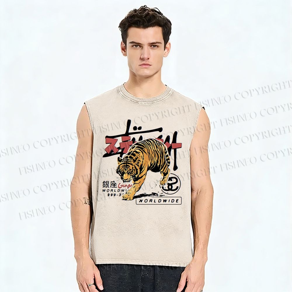 Unisex Tiger Printed Washed Tank Top