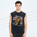 Unisex Tiger Printed Washed Tank Top