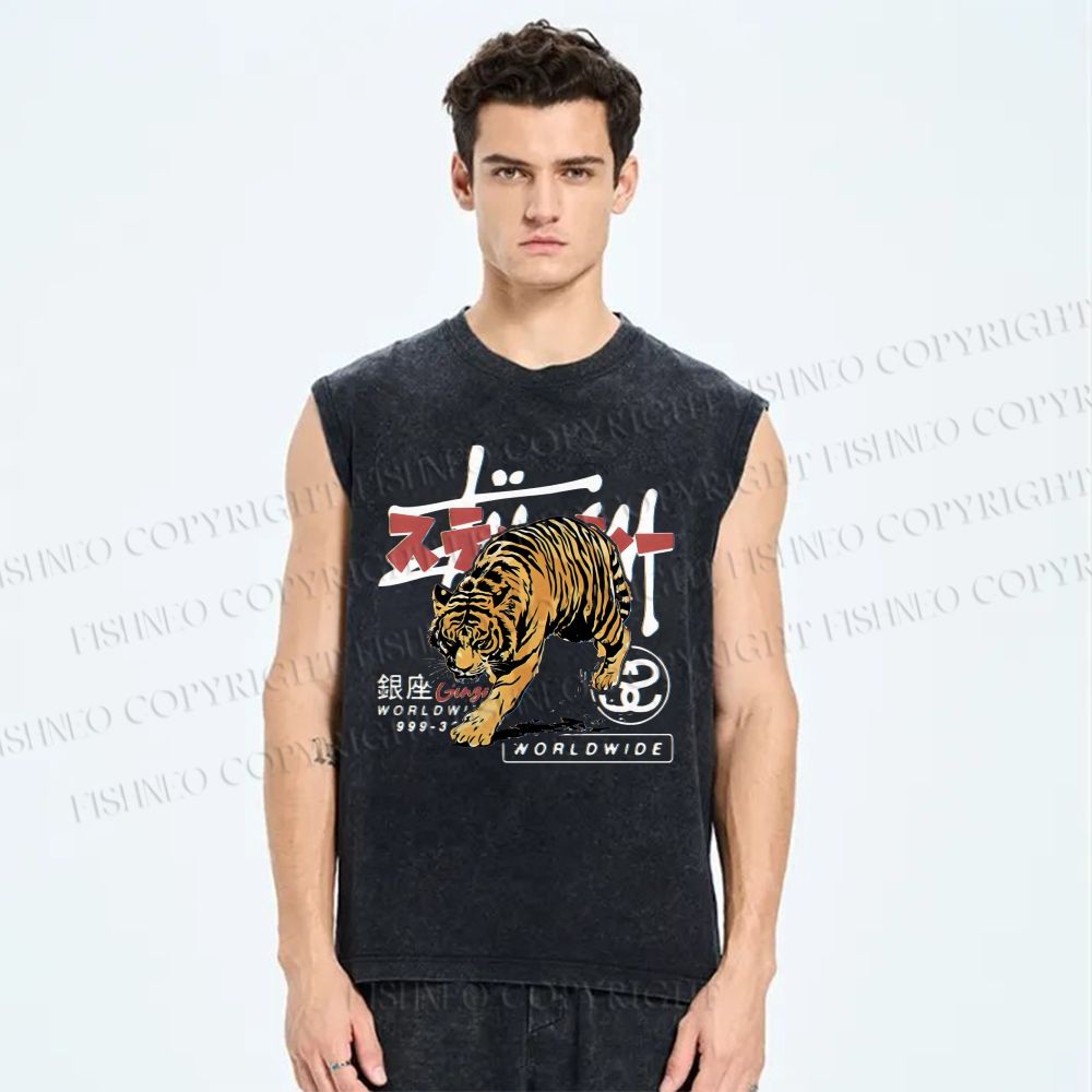 Unisex Tiger Printed Washed Tank Top