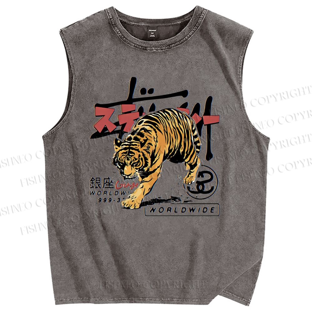 Unisex Tiger Printed Washed Tank Top