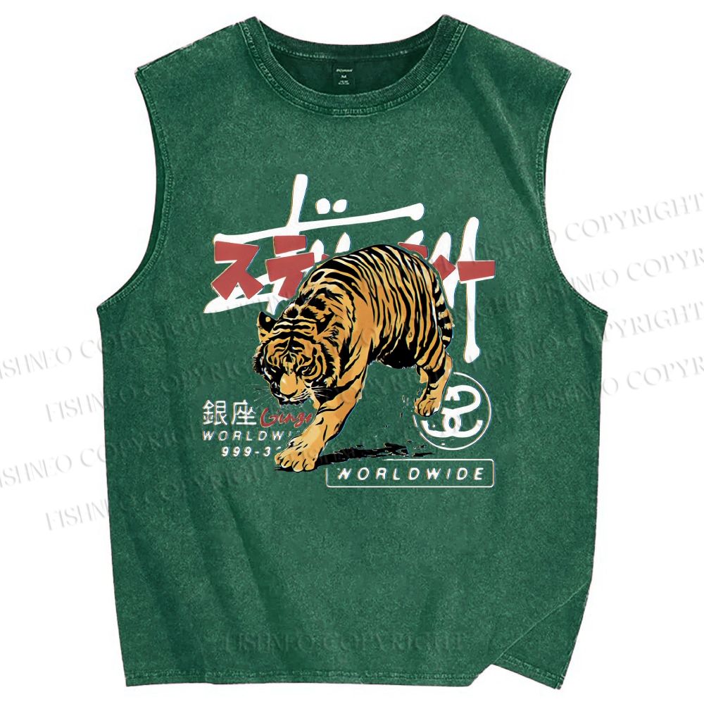 Unisex Tiger Printed Washed Tank Top